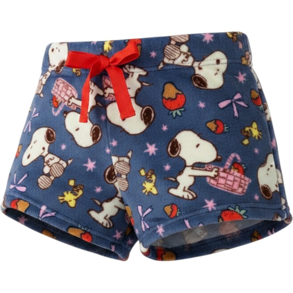 Peanuts Pajama Shorts Womens Large Blue Snoopy Woodstock Plush Fleece Sleepwear